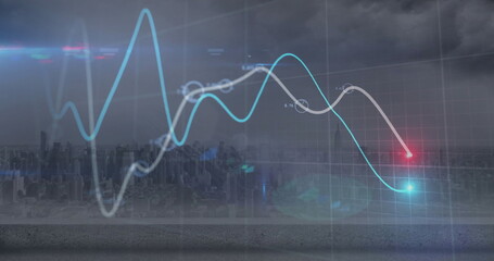 Image of light spots and diagrams over cityscape