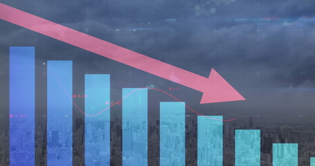 Image of shapes and diagrams over cityscape