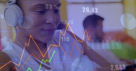 Image of financial data processing over caucasian woman using smartphone