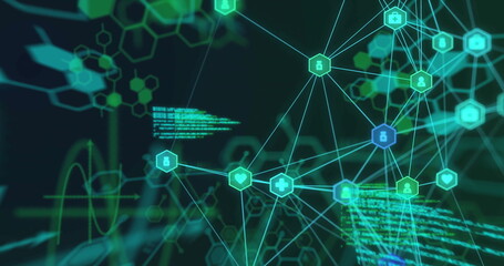 Image of chemical formula with connections and data processing on black background