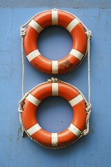 Two orange life preservers with white stripes hang on a blue wall.