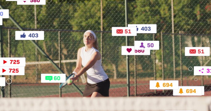 Image of icons and data processing over caucasian female tennis player