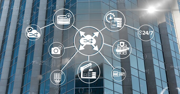 Image of network of connections and mathematical equations over office building