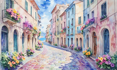 Watercolor of winding street in a colorful Italian coastal town