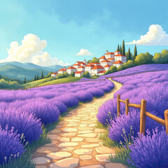 Watercolor painting of a winding cobblestone path through a lavender field, leading to a Mediterranean villageby Ai