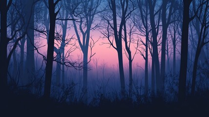 Obraz premium Eerie forest at twilight with silhouetted trees and fading light, Forest, Mystical woods