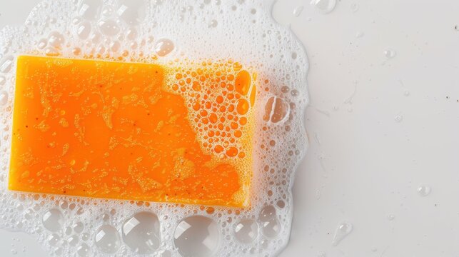  an orange soap bar on white background with bubbles, top view 