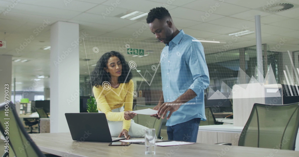 Poster image of financial data processing over diverse colleagues discussing work in office
