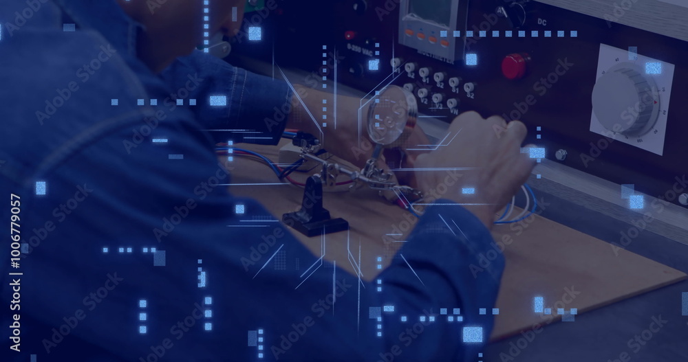 Poster digital network and data processing image over person working with electronic equipment