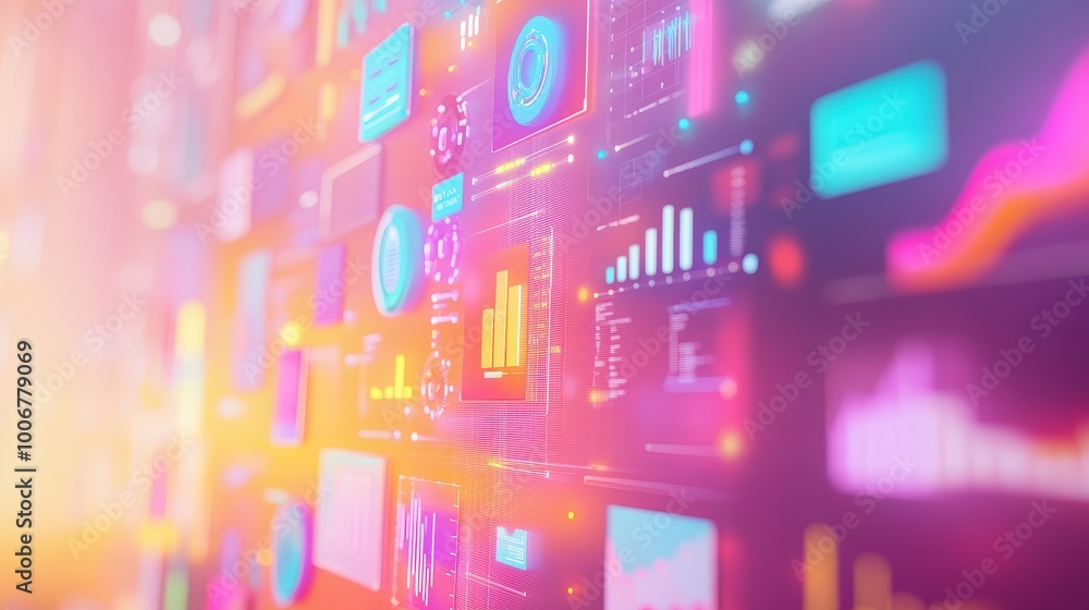 Poster dynamic digital marketing graphics showcase: vibrant icons and data visualizations in pastel palette