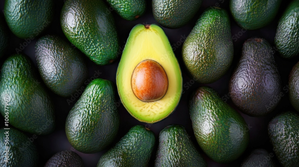 Poster avocados placed in a pattern where the one in the middle is cut in half, one of a kind