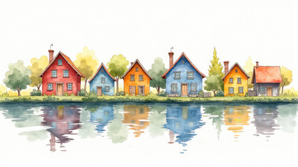 Charming village houses watercolor style by Ai