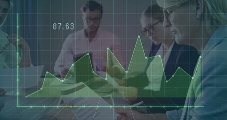 Image of financial data processing over diverse business people in office