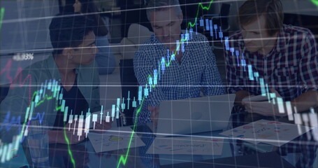 Image of data processing and diagrams over diverse businessmen discussing work