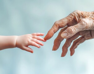 Fototapeta premium A tender moment of connection between an elderly hand and a baby's hand symbolizes the bond across generations, with a soft background enhancing the emotional depth of this touching interaction