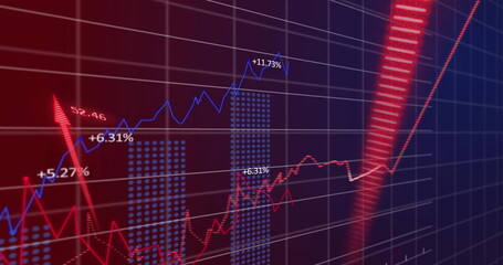 Image of financial data processing on grid over dark background