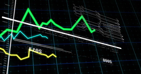 Image of financial data processing on grid over dark background
