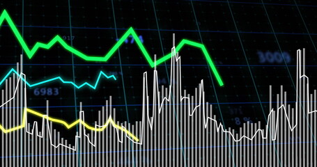 Image of financial data processing on grid over dark background