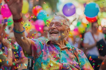 A joyful older man celebrates with balloons and confetti, perfect for birthday or retirement party uses