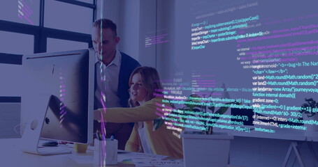 Computer code image over business people collaborating in modern office