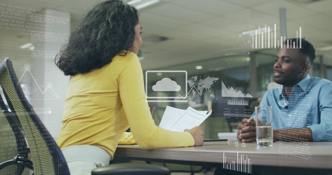 Image of financial data processing over diverse colleagues discussing work in office