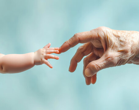A delicate moment shared between a baby's hand and an elderly person's hand against a soft, light background, symbolizing connection and the cycle of life across generations