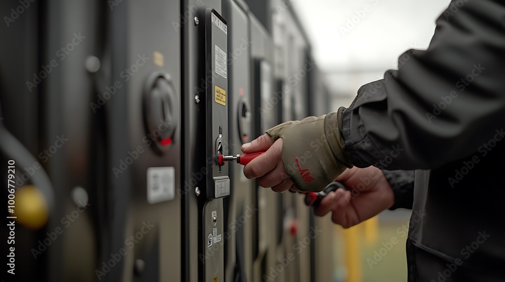 Poster engineer inserting diagnostic tool into energy storage battery