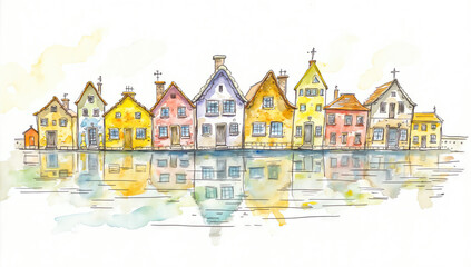 Charming village houses watercolor style by Ai