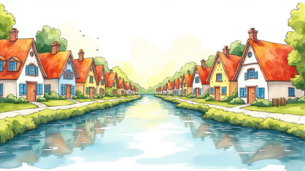Charming village houses watercolor style by Ai