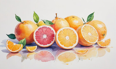vibrant fresh citrus fruits and orange slices on white background in watercolor style by Ai