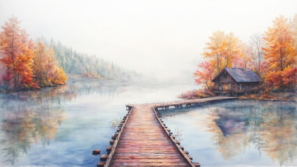 Soft watercolor scene of a wooden boardwalk stretching across a misty lake