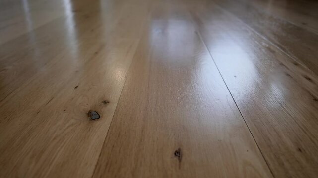 A new lacquered brown wooden floor with sun reflection
