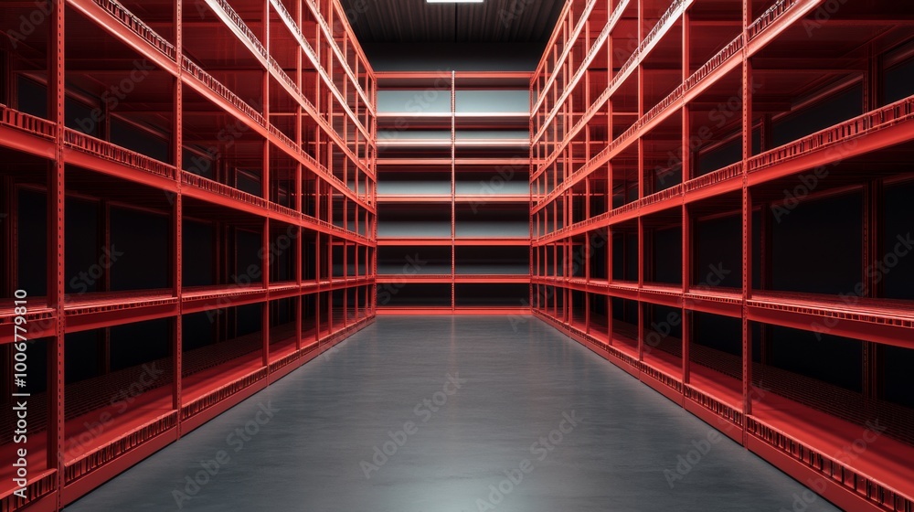 Poster Empty red shelving units in a large storage facility with polished concrete floor and bright overhead lighting creating a spacious and organized environment