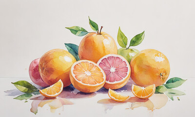 vibrant fresh citrus fruits and orange slices on white background in watercolor style by Ai