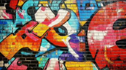Fototapeta premium A brick wall bursts with colors and shapes in a vivid graffiti mural, exemplifying expressive and dynamic urban street art style.