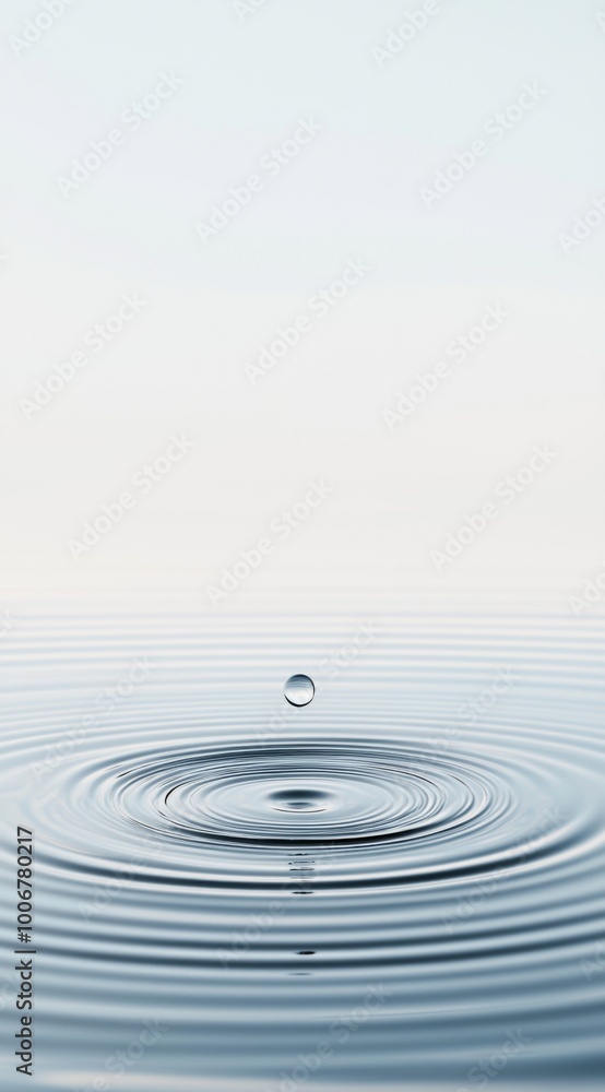 Poster clear water surface with a single droplet falling into it, creating ripples that spread outward in p