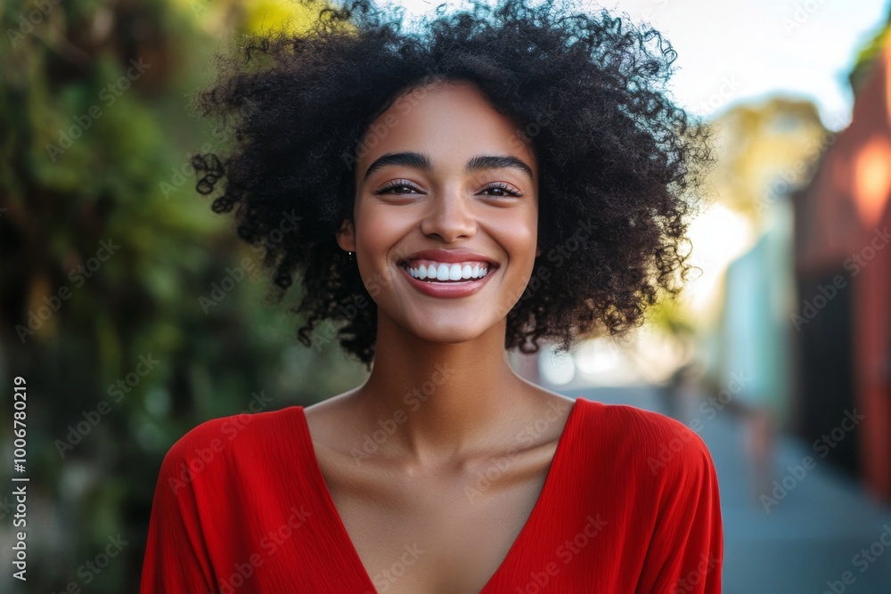 Wall mural afro black woman smiling and wearing a red blouse outside