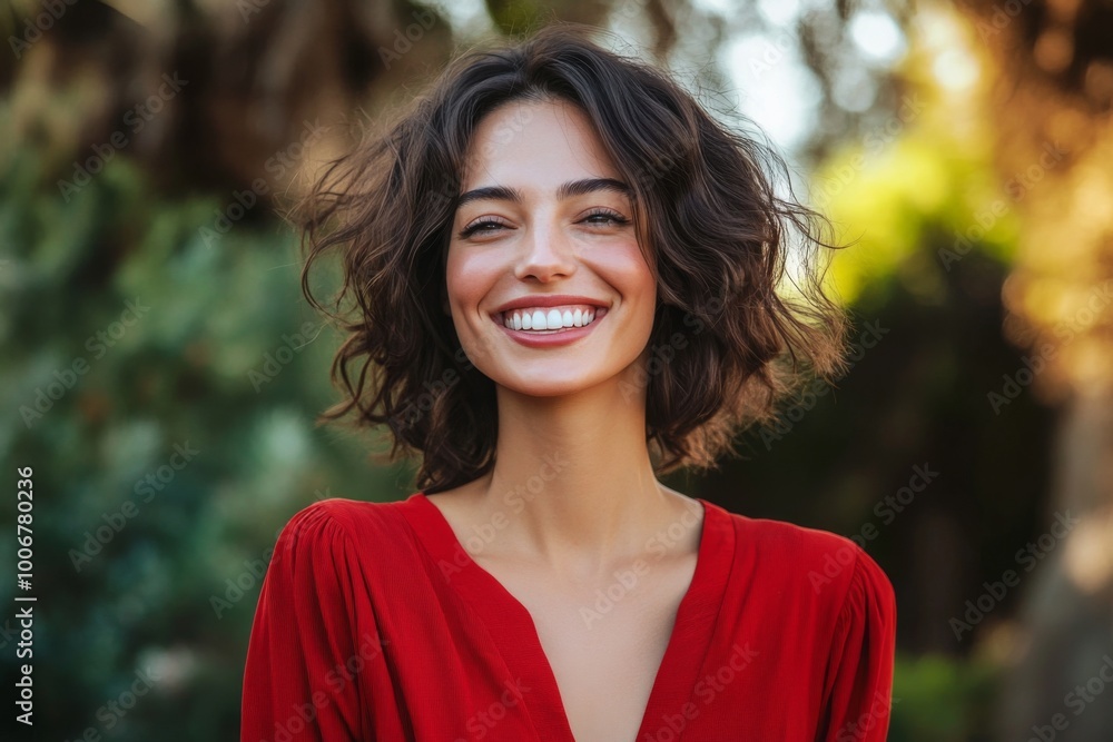 Wall mural woman smiling and wearing a red blouse outside