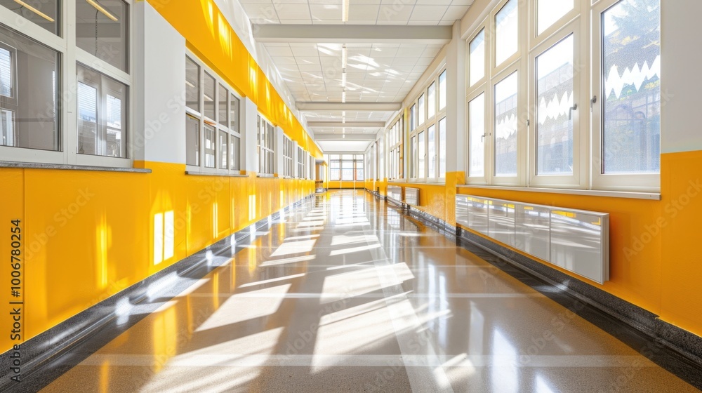Poster a long hallway with yellow walls and windows, suitable for interior design or architecture projects