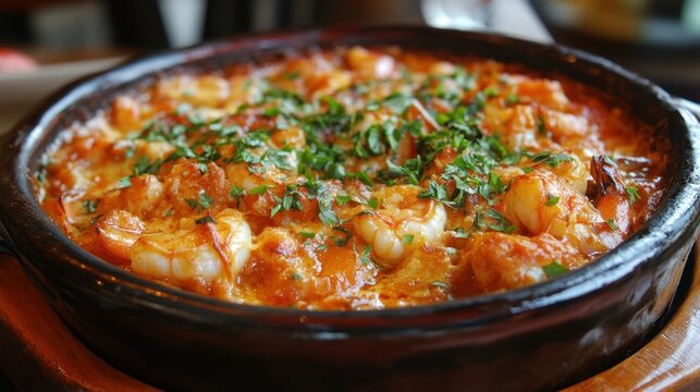 Turkish cimcim karides tava, butter casserole shrimp with a rich, aromatic sauce, beautifully presented in a rustic dish.