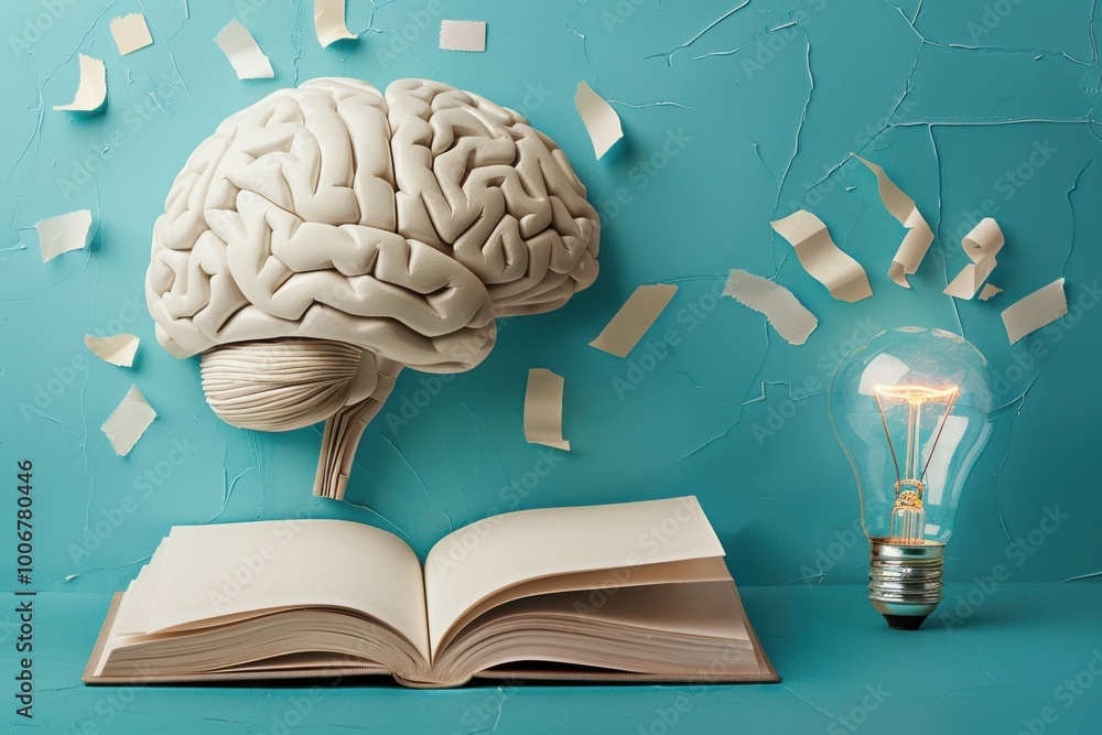 Aufkleber a creative representation of knowledge where a brain emerges from an open book beside a glowing ligh