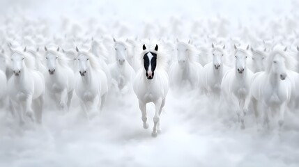 Naklejka premium 3w A massive herd of white horses, with one black horse standing out in the center. The scene is captured from an overhead perspective, showcasing over a thousand majestic and graceful pure-white hors