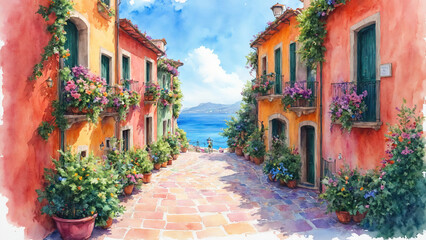Vibrant watercolor of winding street in Italian coastal town by Ai