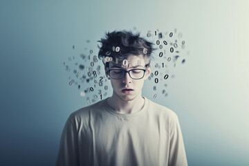 Guy with closed eyes, with numbers spinning around him.