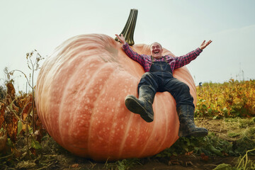 Farmer sits on a huge pumpkin he grew.