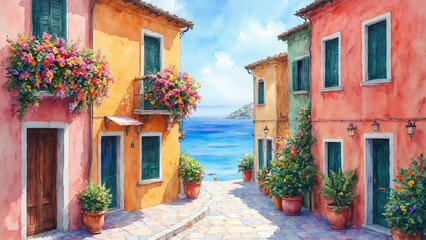 Vibrant watercolor of winding street in Italian coastal town by Ai