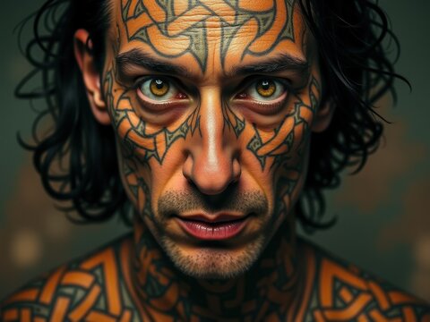 Intricate body art displayed on a man with striking green eyes against a textured backdrop