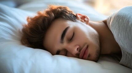 Young man peacefully sleeping on a soft pillow in a dimly lit bedroom, enjoying a restful moment late in the evening, promoting tranquility and relaxation