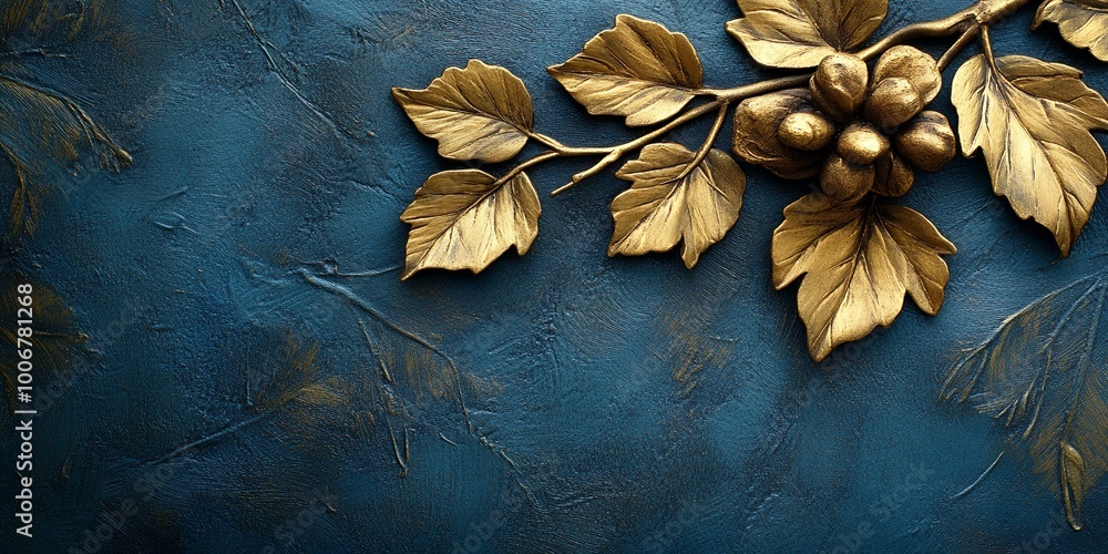 Poster Golden leaves and berries on a blue background.