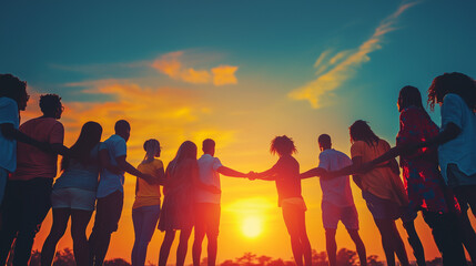 A diverse group of people holding hands, forming a circle against a vibrant sunset.